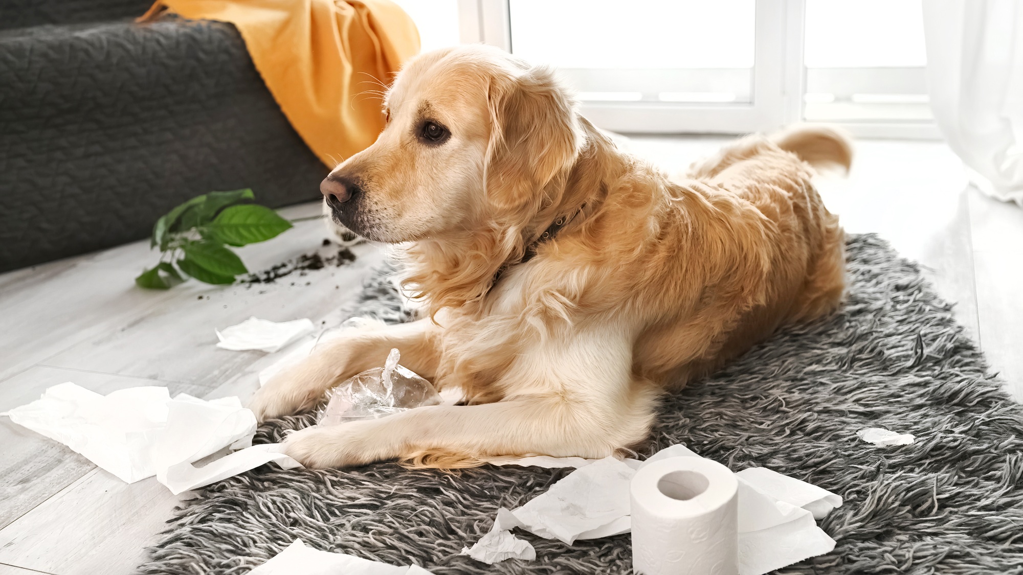 Golden retriever dog playing with toilet paper
